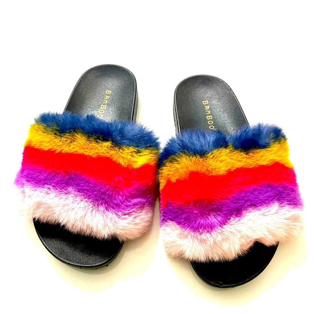 Colorful Rainbow Furry Vegan Slide Sandal Slippers Women's Flat Size 6